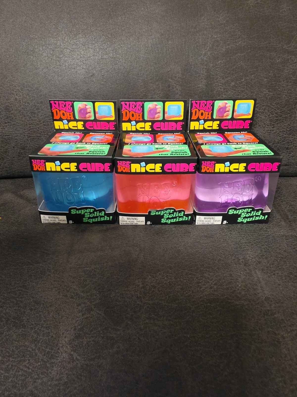 New NeeDoh Nice Cube 2.25″ Super Solid Squish 3-Pack Blue Pink & Purple Free S&H