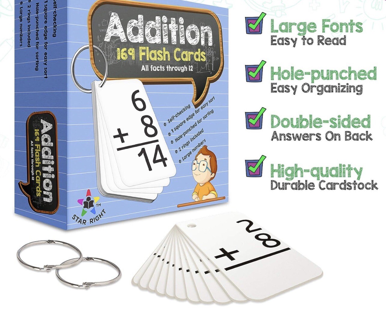 Math Operations Flashcards with 2 Metal Binder Rings – 169 Self Check(set Of 4)