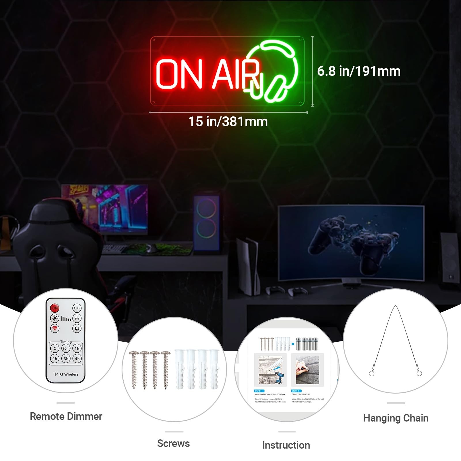 On Air Neon Sign, Red Green Recording Headset LED Neon Light for Live Room, U…