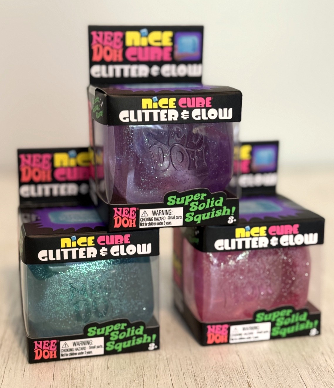 NeeDoh Nice Cube Glitter and Glow SET OF 3 Nee Doh Ice Cube Blue Purple Pink NEW