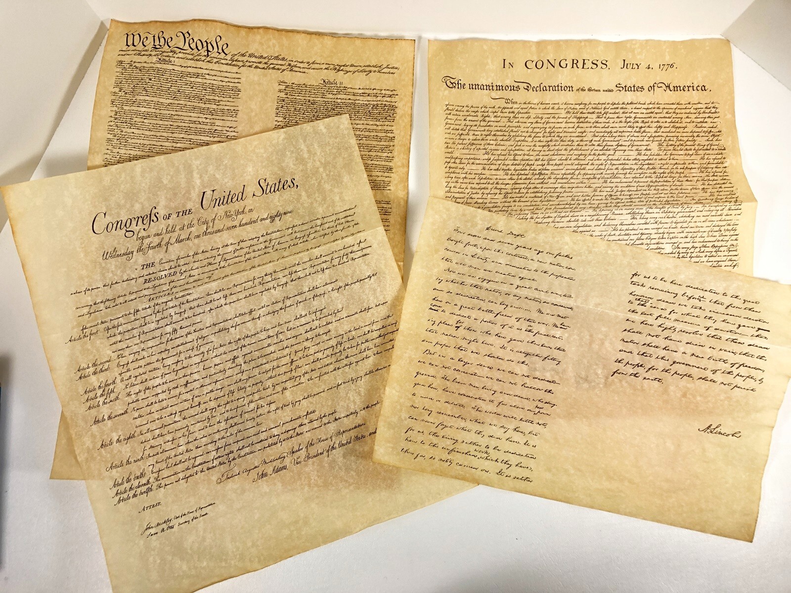 US Founding Document Constitution Dec Indepence Bill Rights Gettysburg Parchment