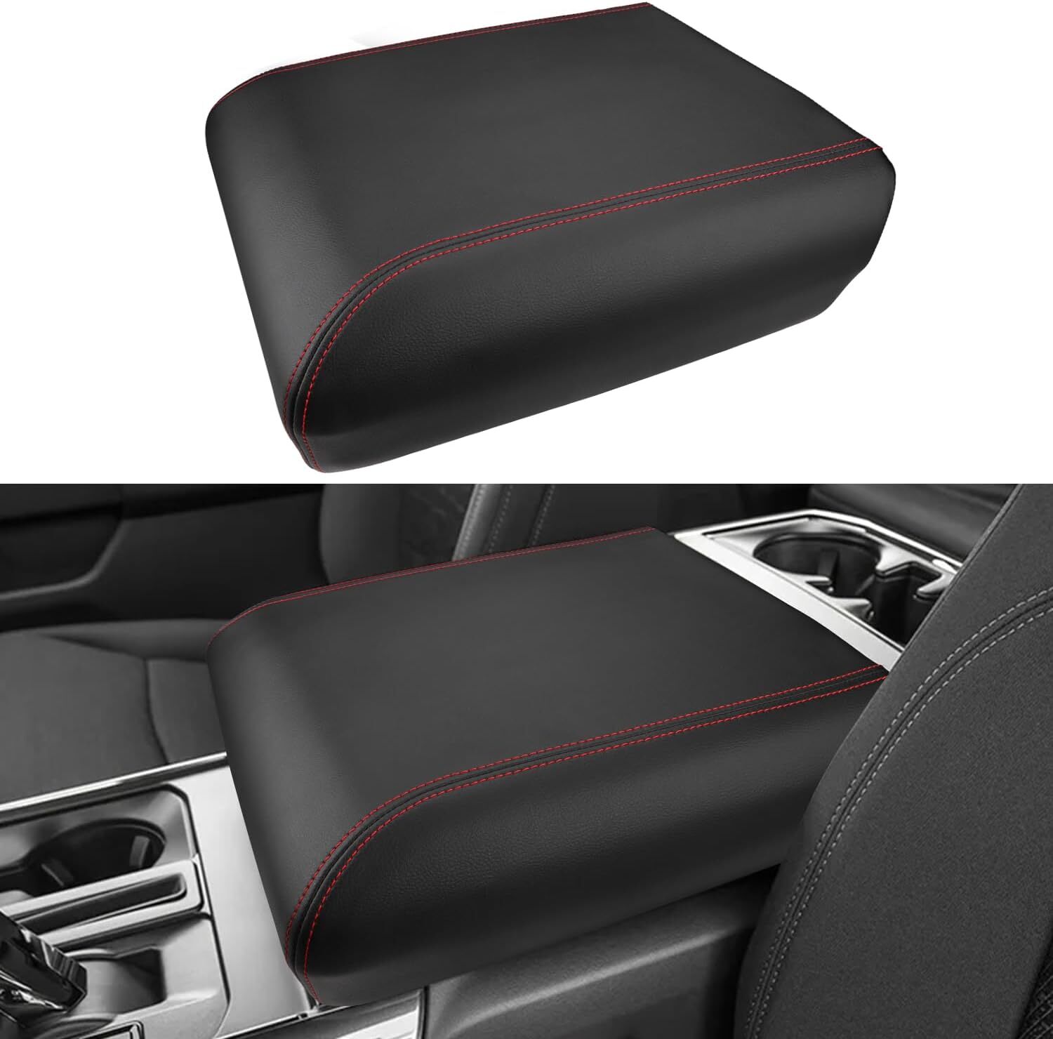21-24 Ford F150 Center Console Armrest Cover Black Leather Stitch Red Interior