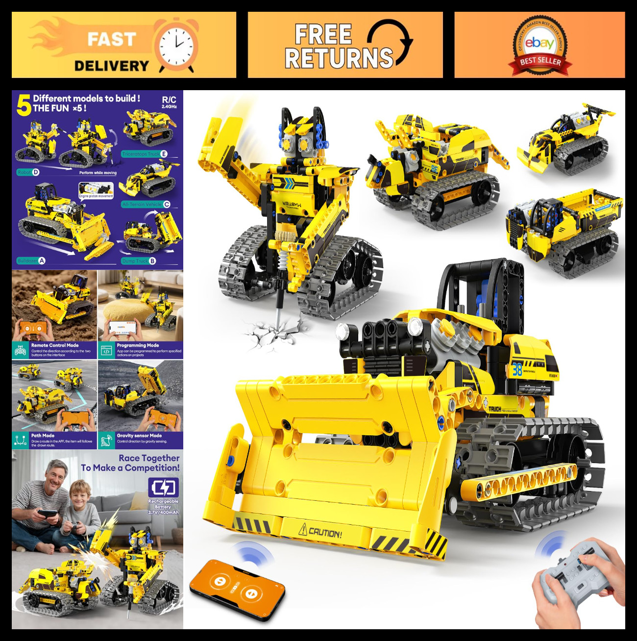 STEM Robot Building Kit 5-in-1, 452 PCS Remote Control Engineering Toy for Kids
