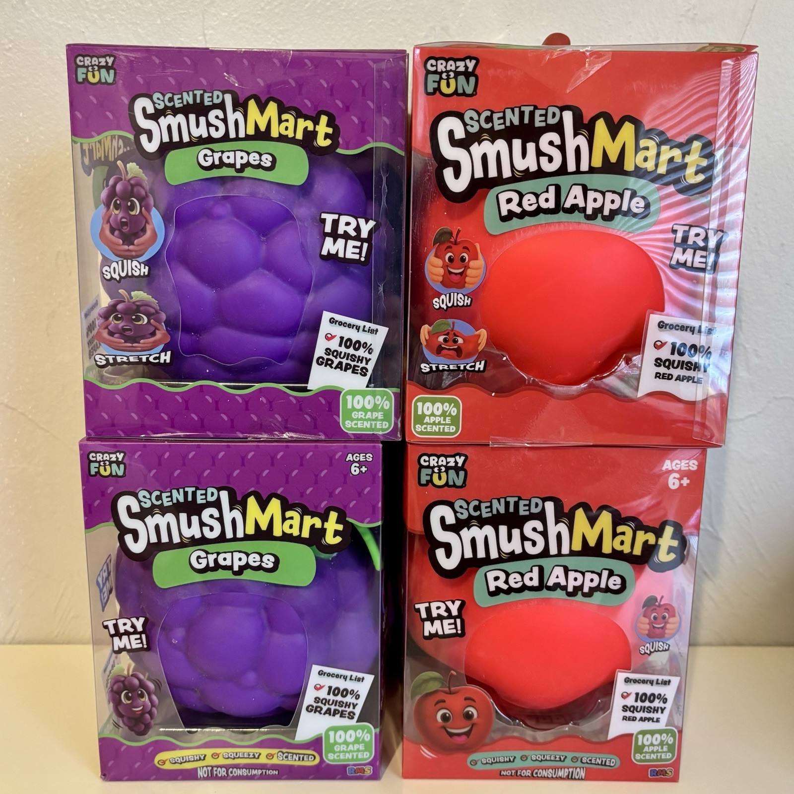 Lot of 2 Crazy Fun SmushMart Grape & Apple Squishy Stress Relief Toy