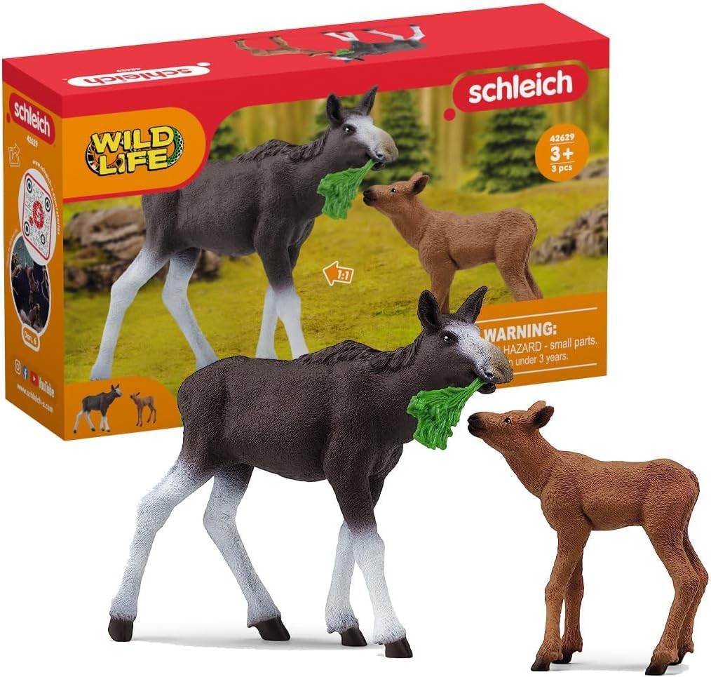 Schleich Mother Moose And Calf Wildlife Toy Realistic Figurine Set For Kids