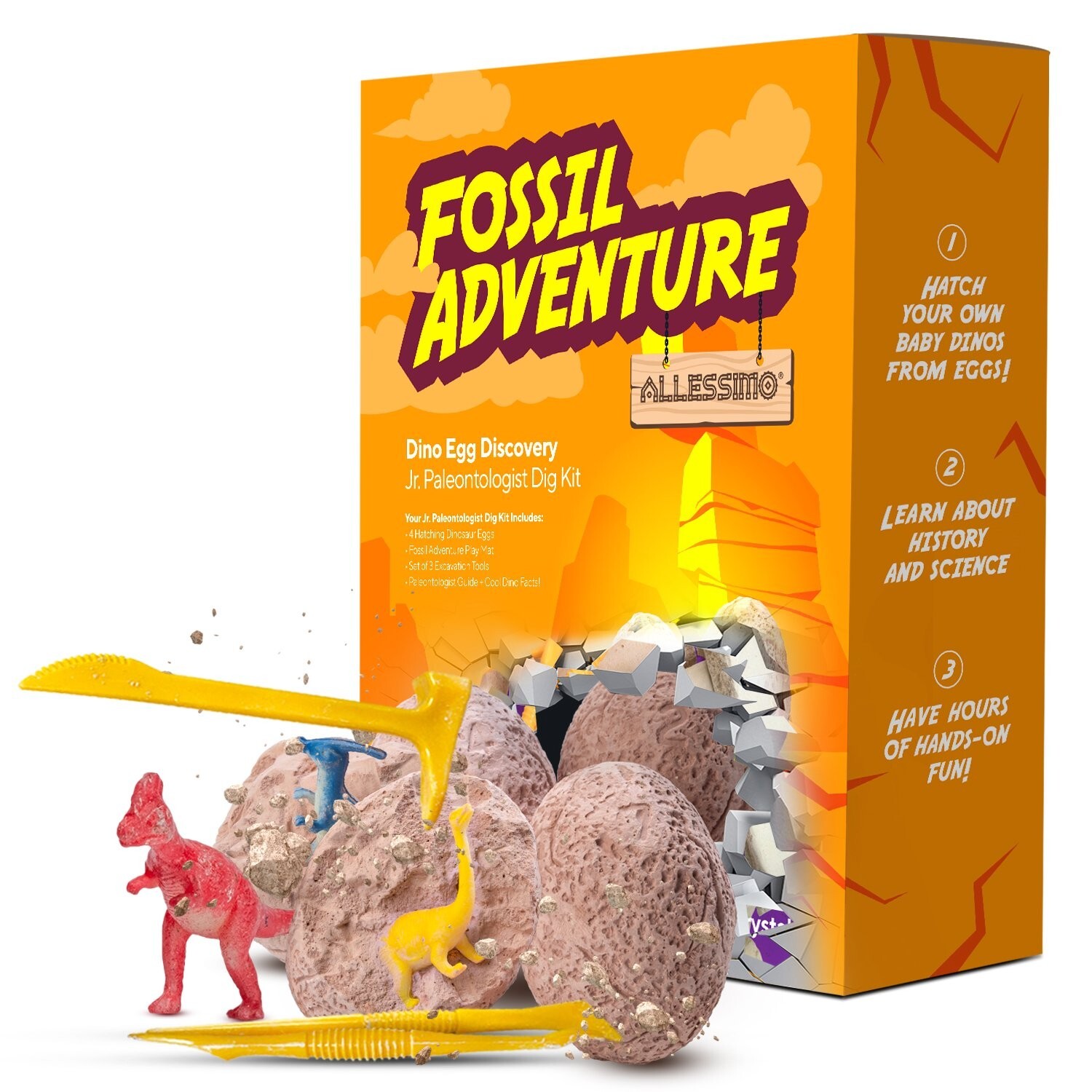 Dino Egg Discovery Dig Kit with 4 Hatching Eggs 3 Tools Jr. Paleontologist