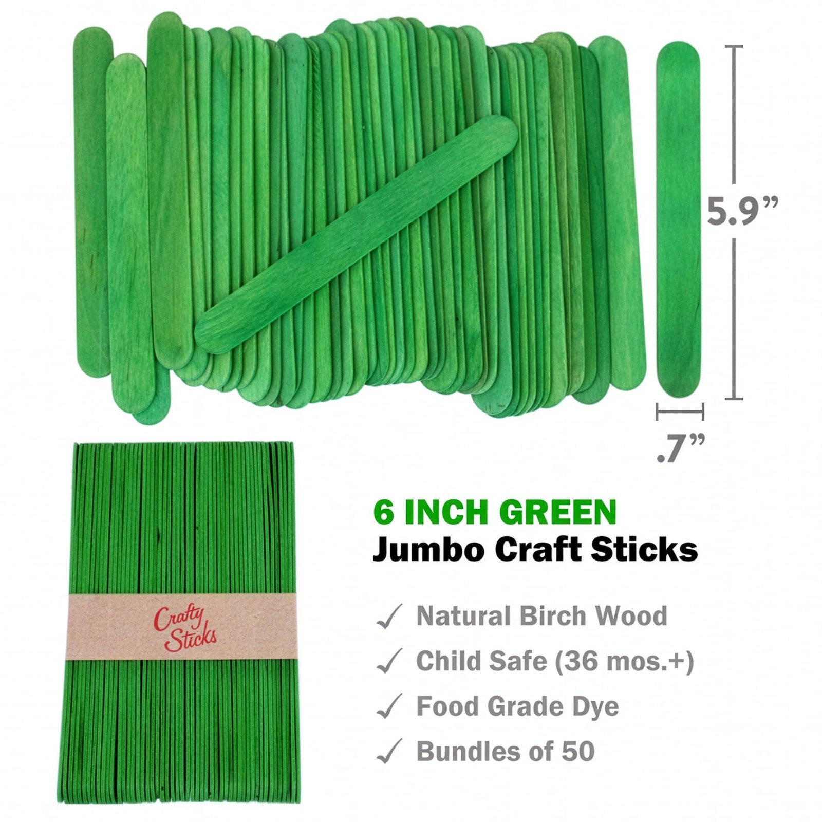 100 Pack Green Color Craft Sticks, 6 Inch Green Jumbo Popsicle Sticks for Cra…