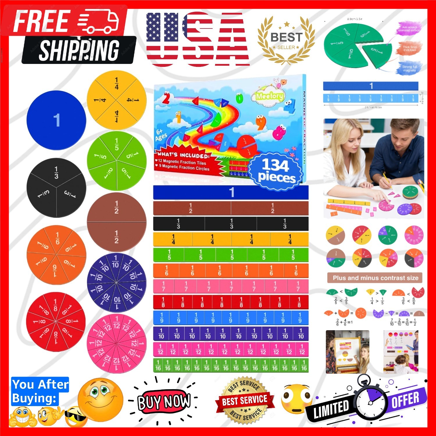 134 Pcs Magnetic Fraction Tiles & Fraction Circles – Math Manipulatives for P…