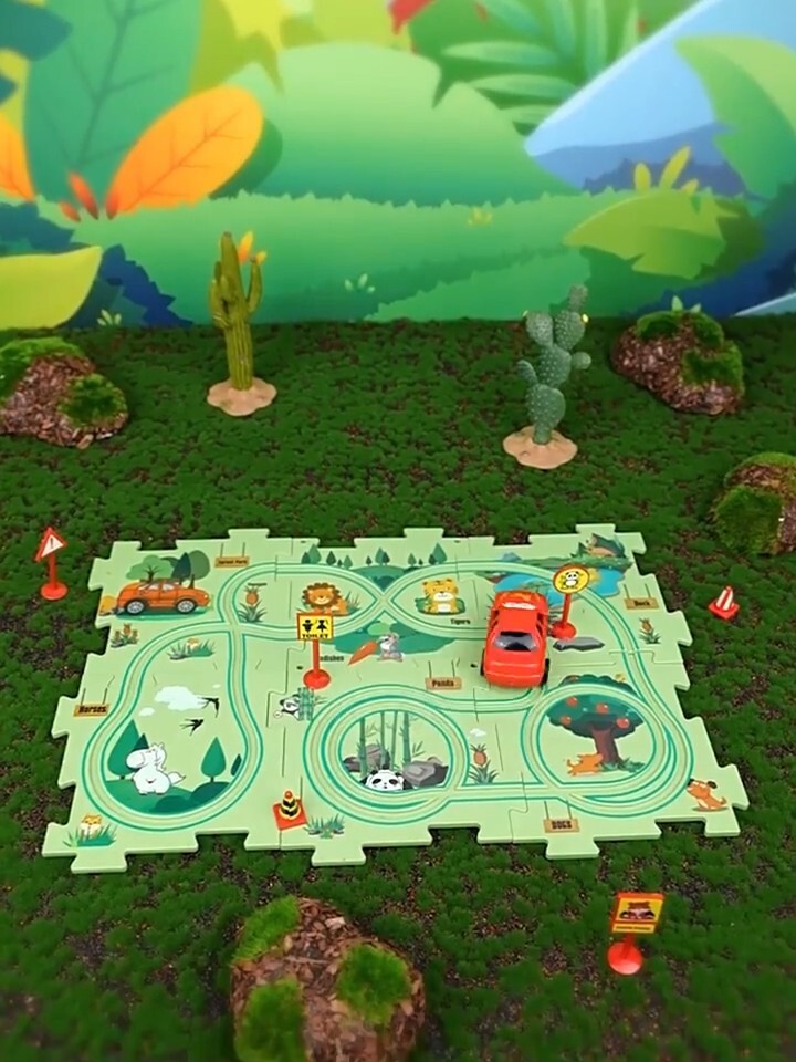 Rail Car Puzzle Game, Cute Car And Floor Puzzle Mat Set,15-piece Dinosaur theme