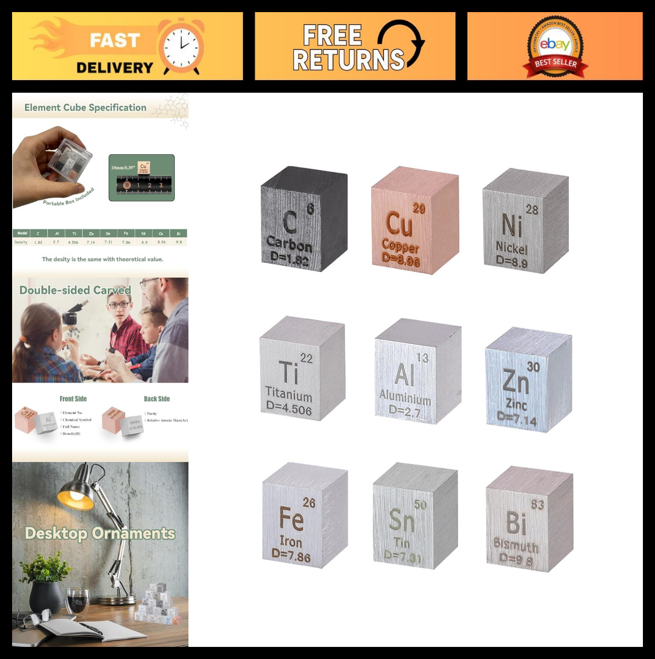 9-Piece Metal Cube Set – 0.39” Density, 10mm, High Purity Tungsten & Bismuth for