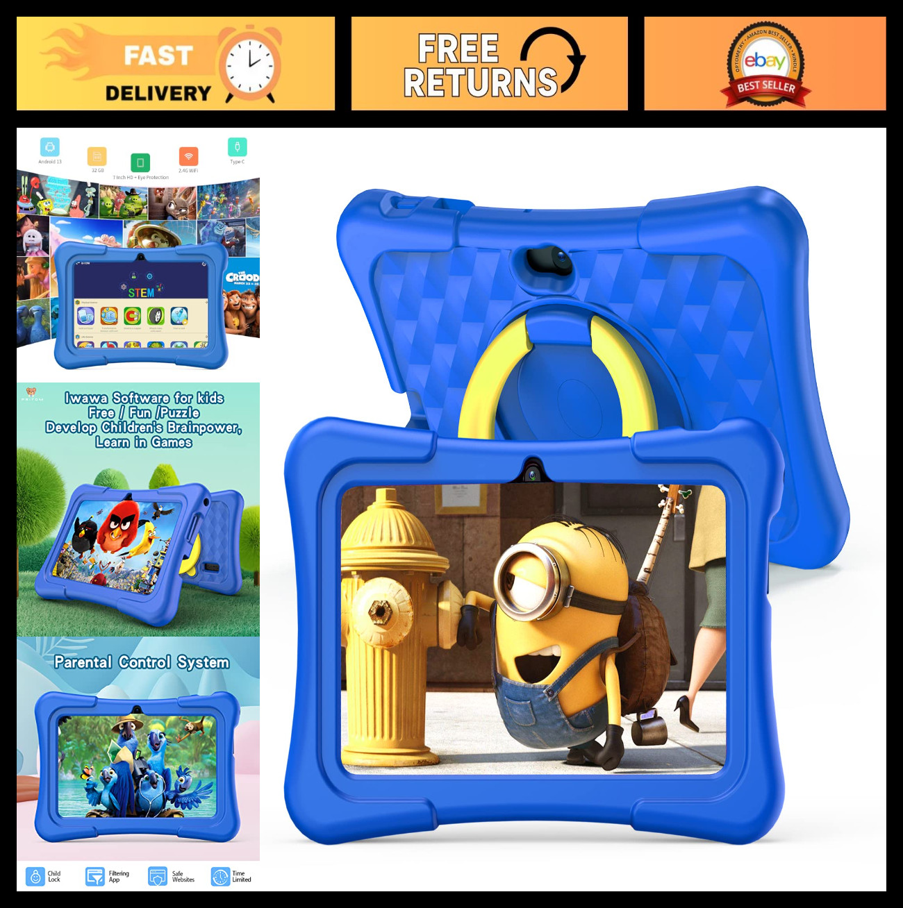 7″ Kids Tablet with 32GB, Parental Control, WiFi, Bluetooth, Camera, Games & App