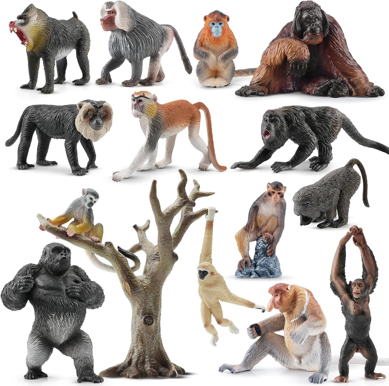 15PCS Monkey Primates Figurines, Plastic Jungle Animals Set Included Tree Monkey