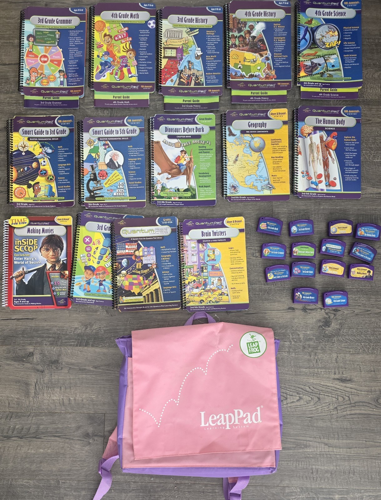 LeapFrog Learning System Lot 14 Books & Cartridges, Pink Bag – NO PAD INCLUDED