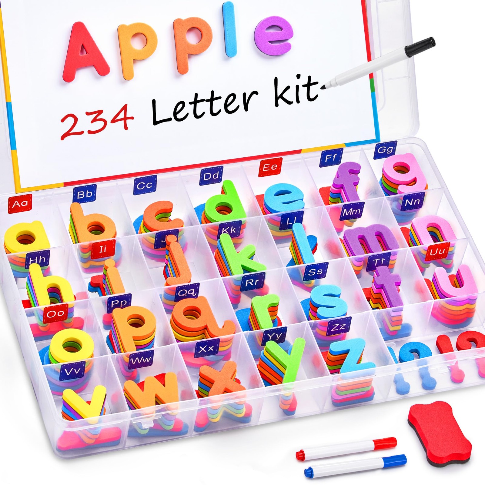 JoyCat 234Pcs Magnetic Letters Kit w/ Double-Sided Board, Eraser, Pens – 8 Color