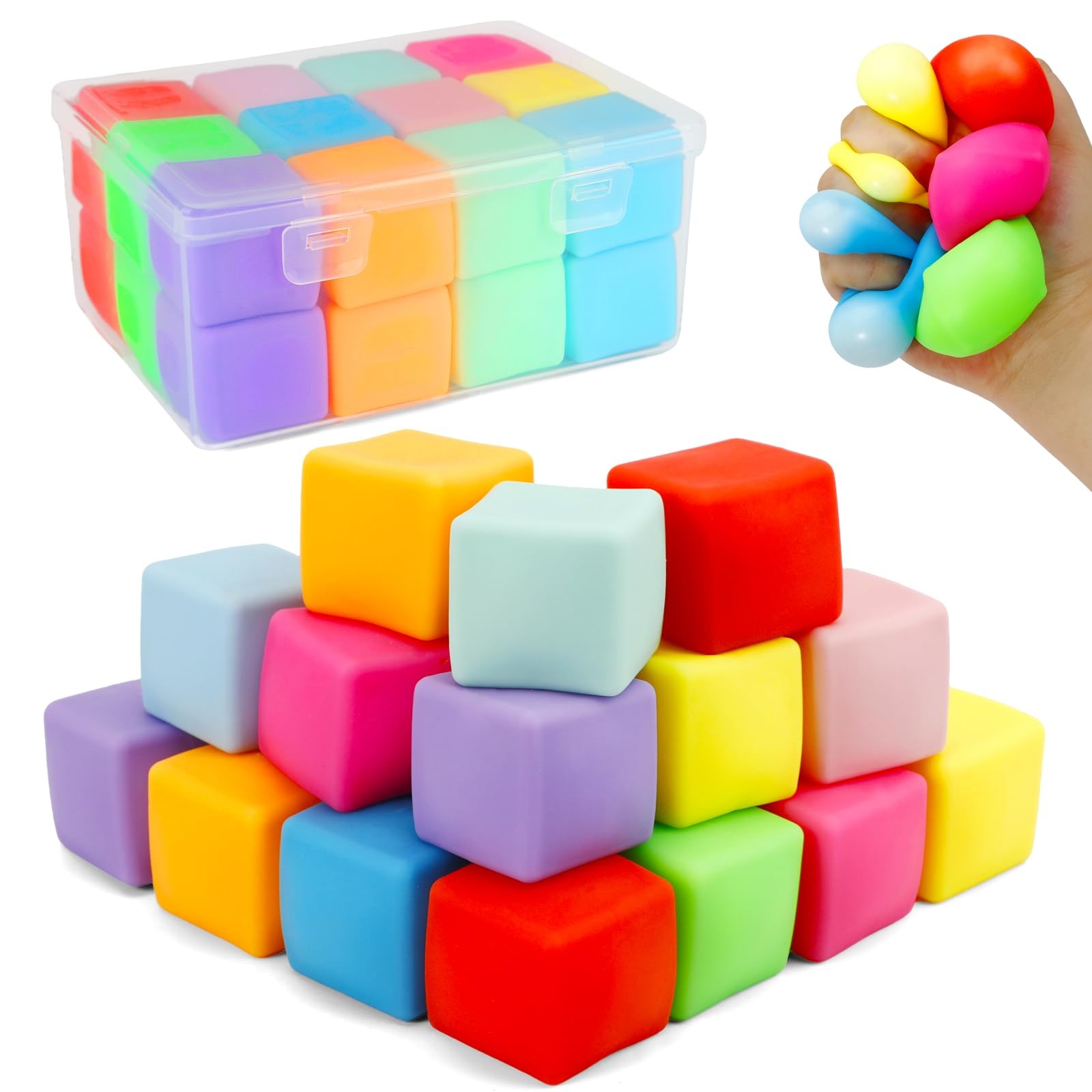 Squishy Fidget Toys, 24 Pack Stress Cube Balls 1.4 inches, Multicolor