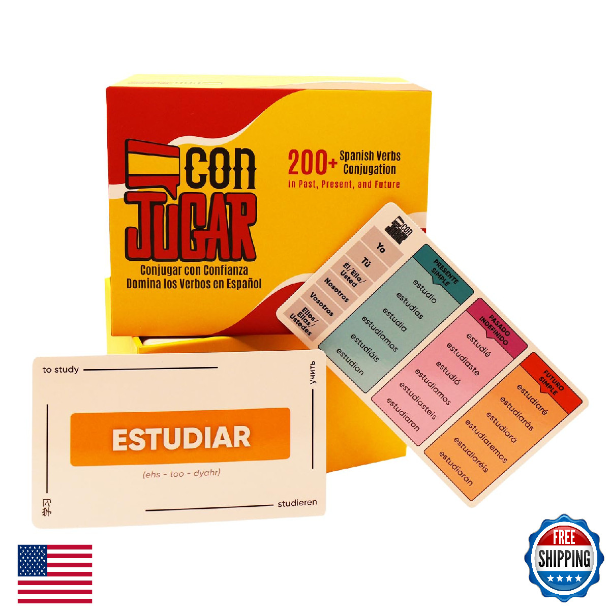 conJUGAR Spanish Verb Flashcards – 200+ Cards in Present, Past, & Future Tense C
