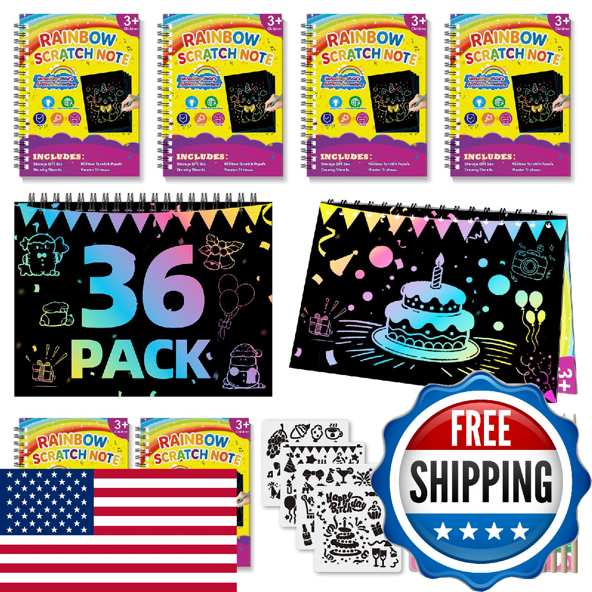 HXDOGSP Rainbow Scratch Art for Kids 36 Pack Art Crafts Notebook Party Favors Sc