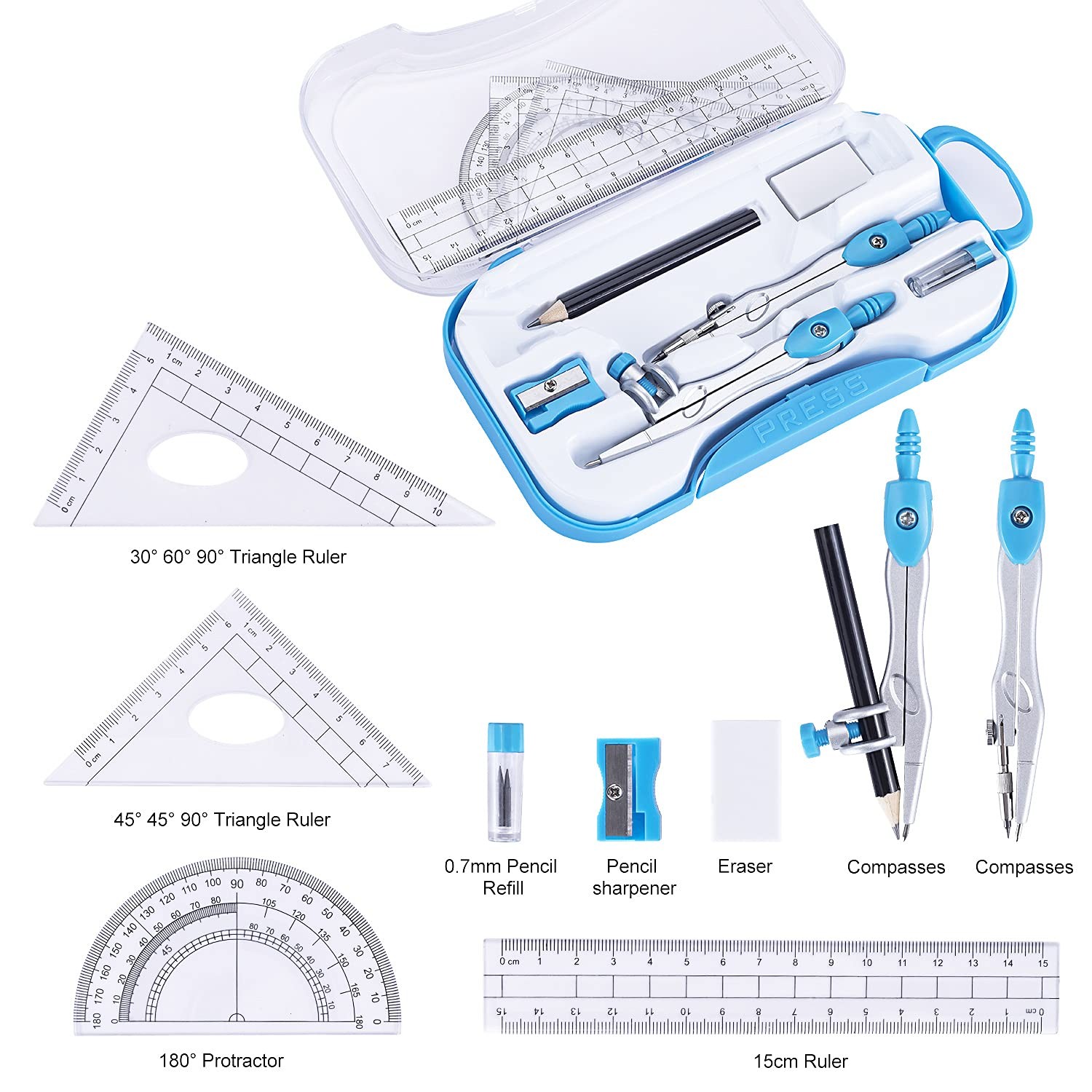 Math Geometry Kit Set 10 Pieces with Shatterproof Storage Box, Student Blue