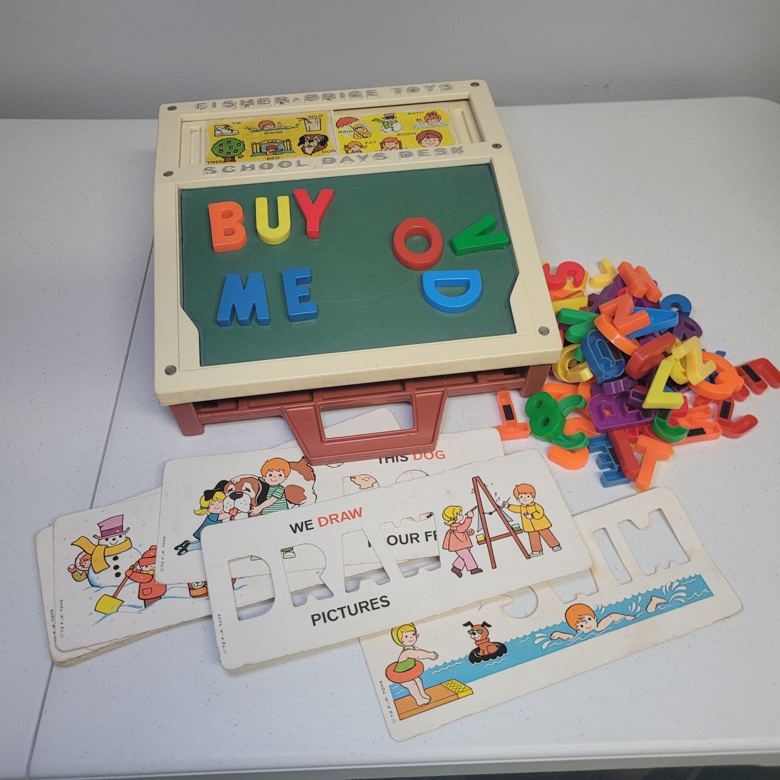 Vintage Fisher Price School Days Desk Chalk Magnetic Letters Stencils 1972