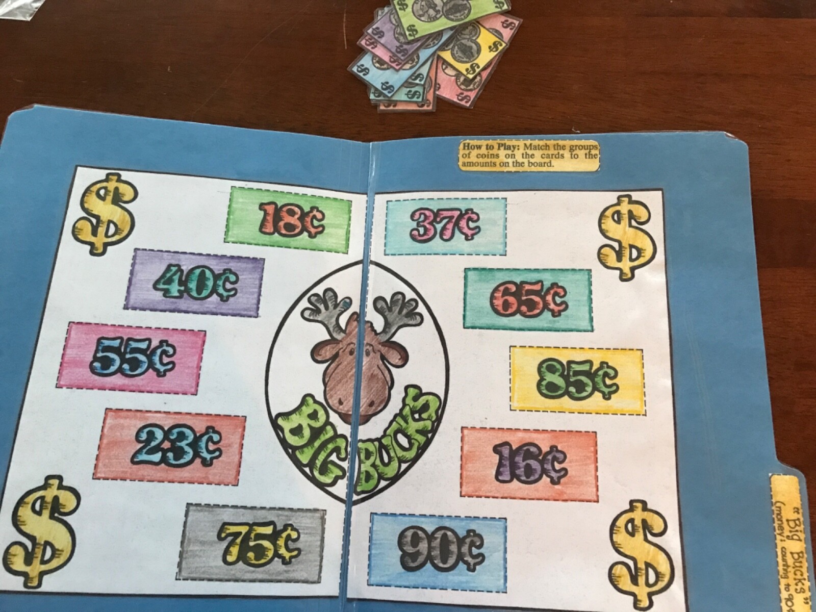 Big Bucks! Counting money up to 90 cent grades 1-4 math file folder game teacher