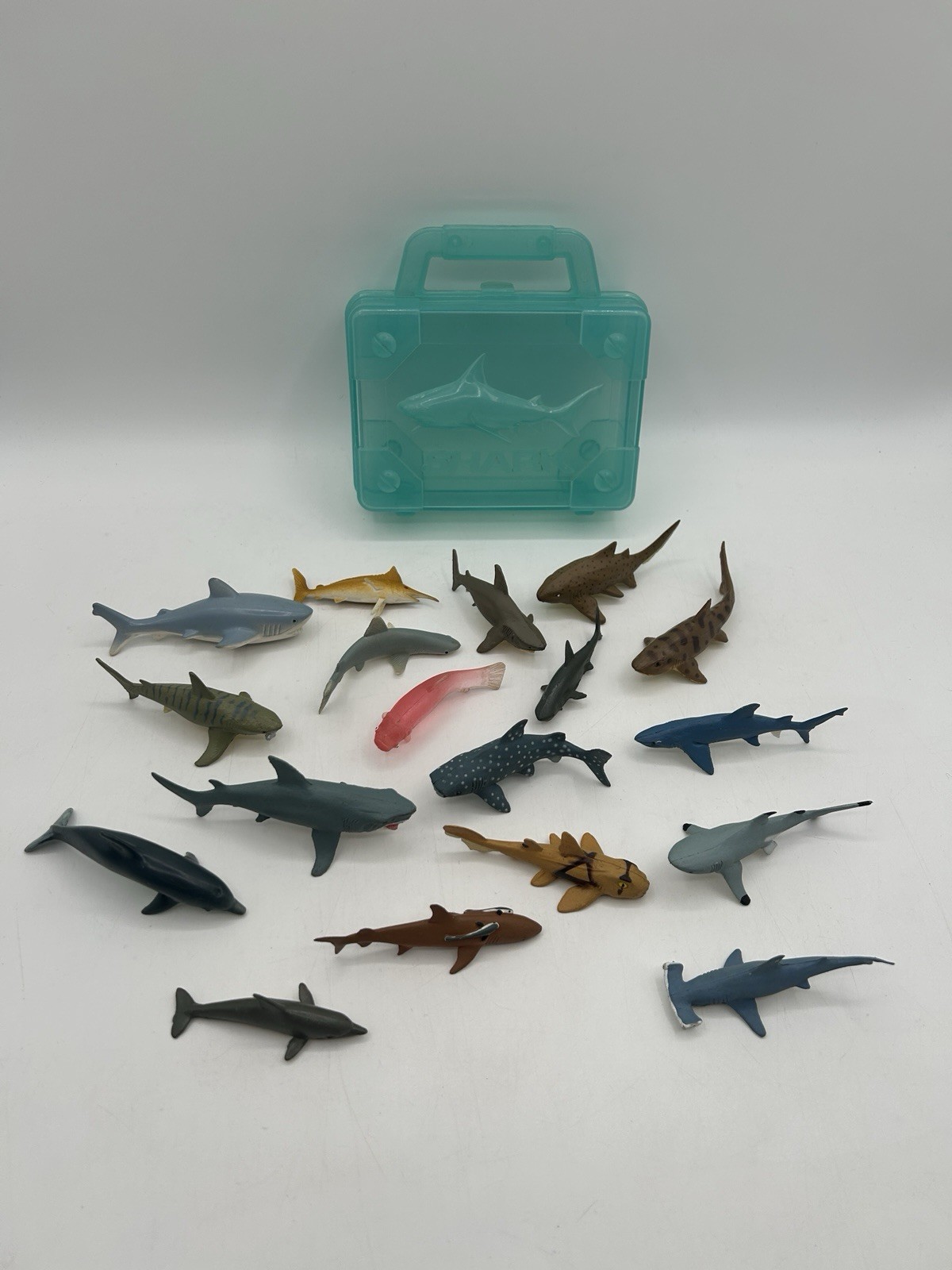 K&M International Shark Toy Lot of 18 PVC Figurines ~3” Marine w/ Carrying Case