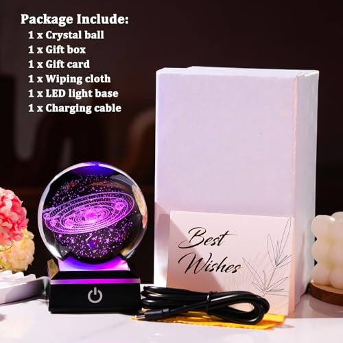 Arikyrist 3D Crystal Ball 80mm with Light Base, Laser Engraved Solar System
