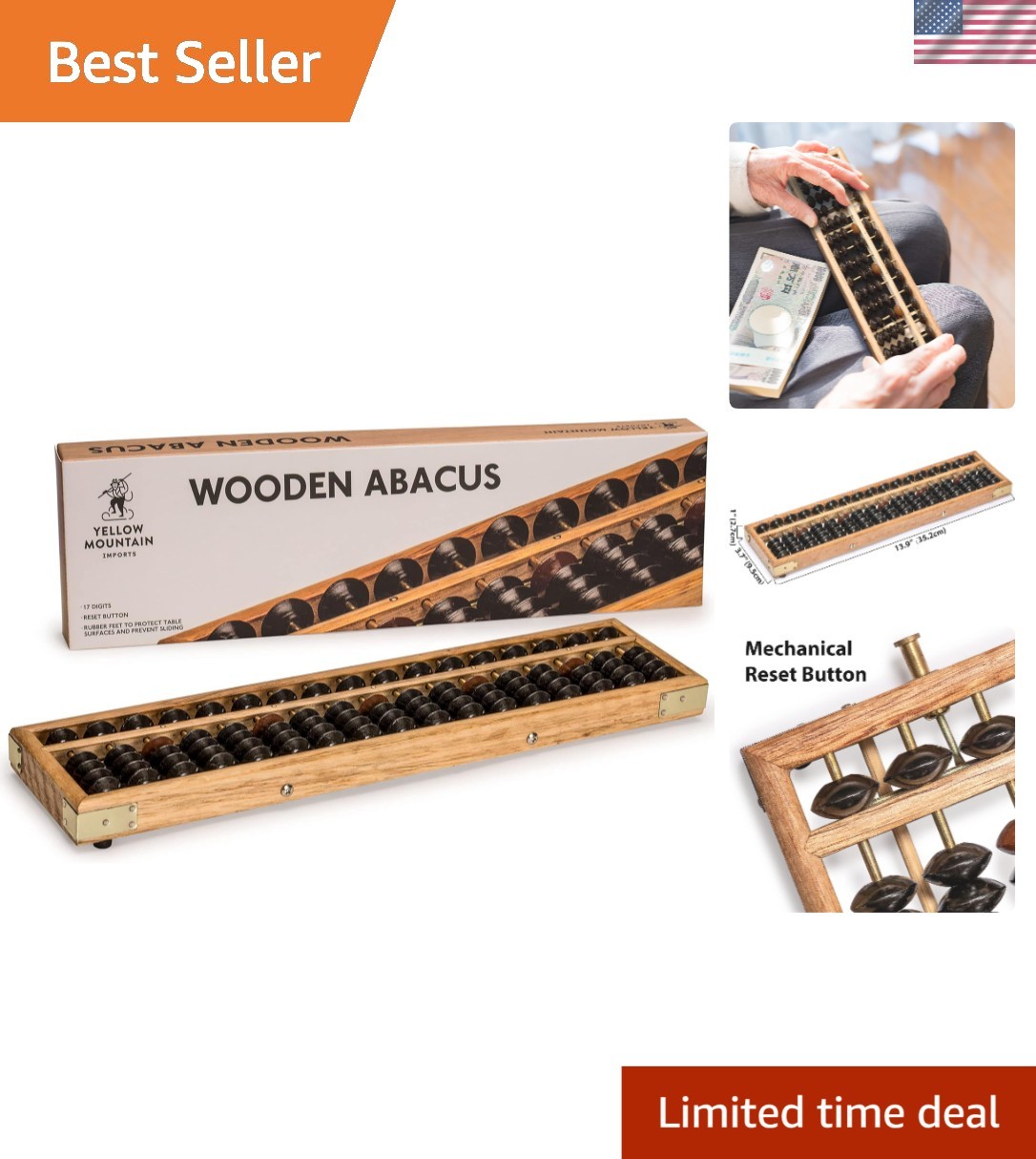 Vintage 13.9-Inch Wooden Abacus – 17 Column Soroban for Foundational Math Skills