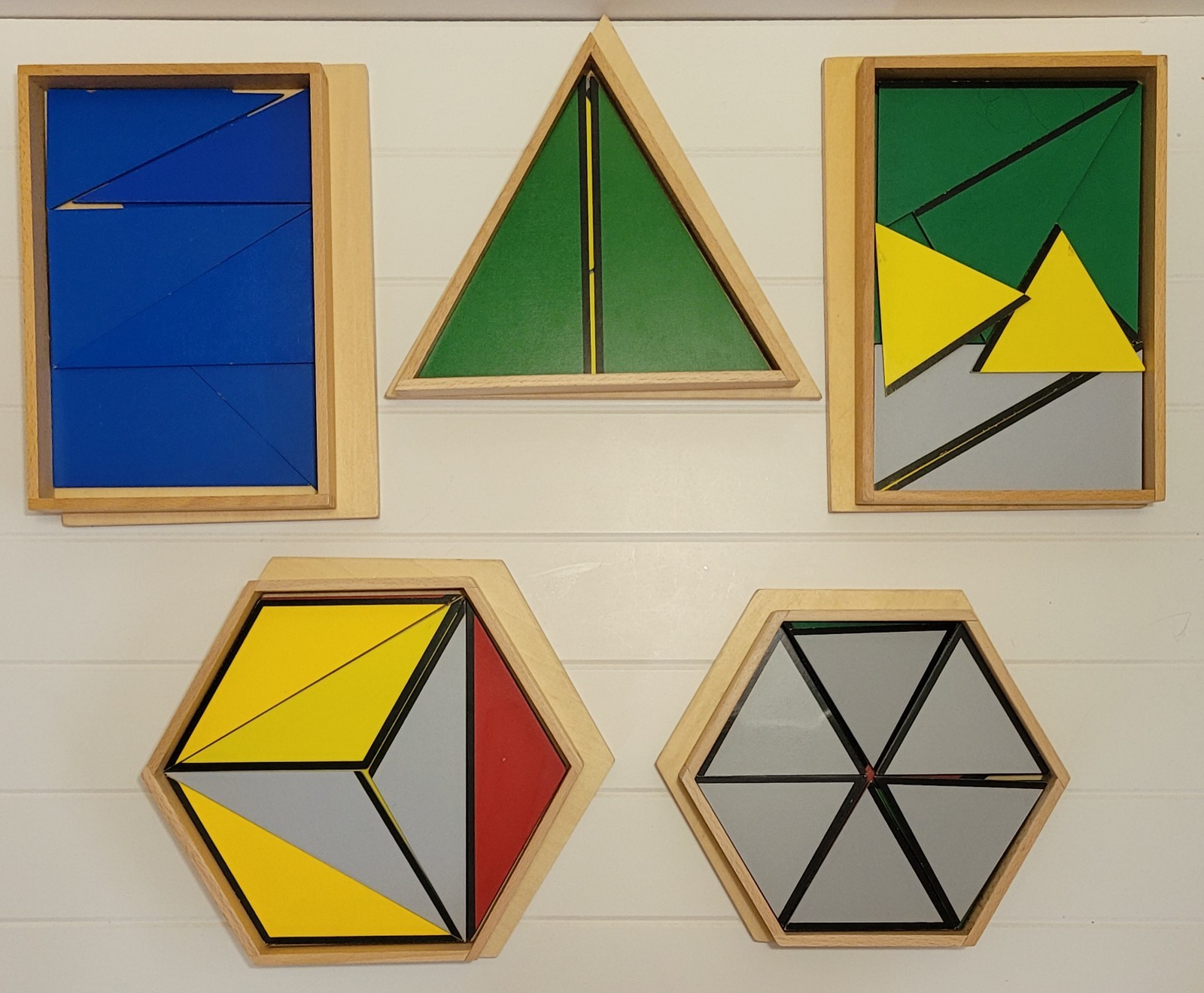 Montessori Constructive Triangles 5 Wooden Box Set Sensorial Geometry Material