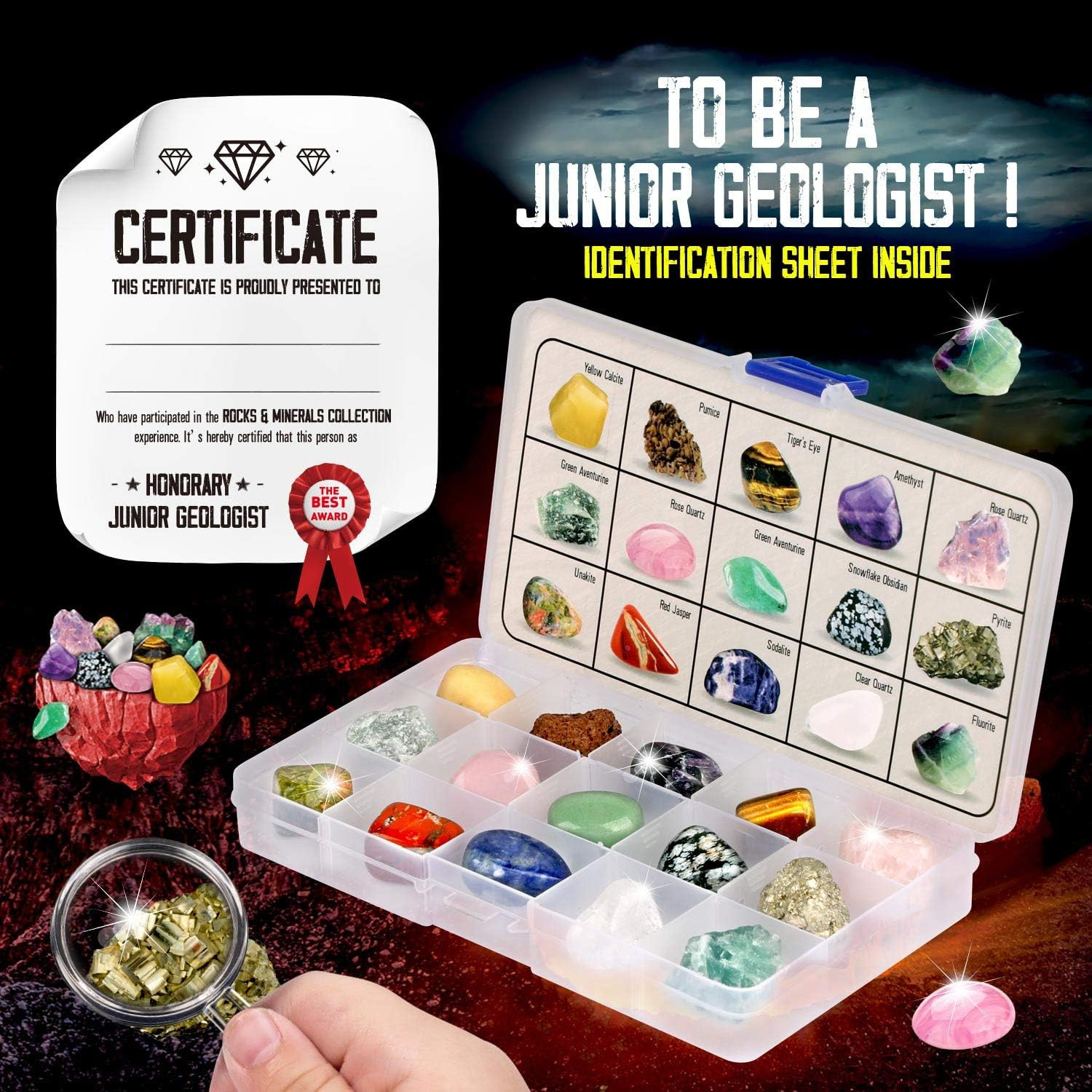 Rocks Collection – 15-Piece Rock Collections for Kids – Cool Geology Gem Kit wit