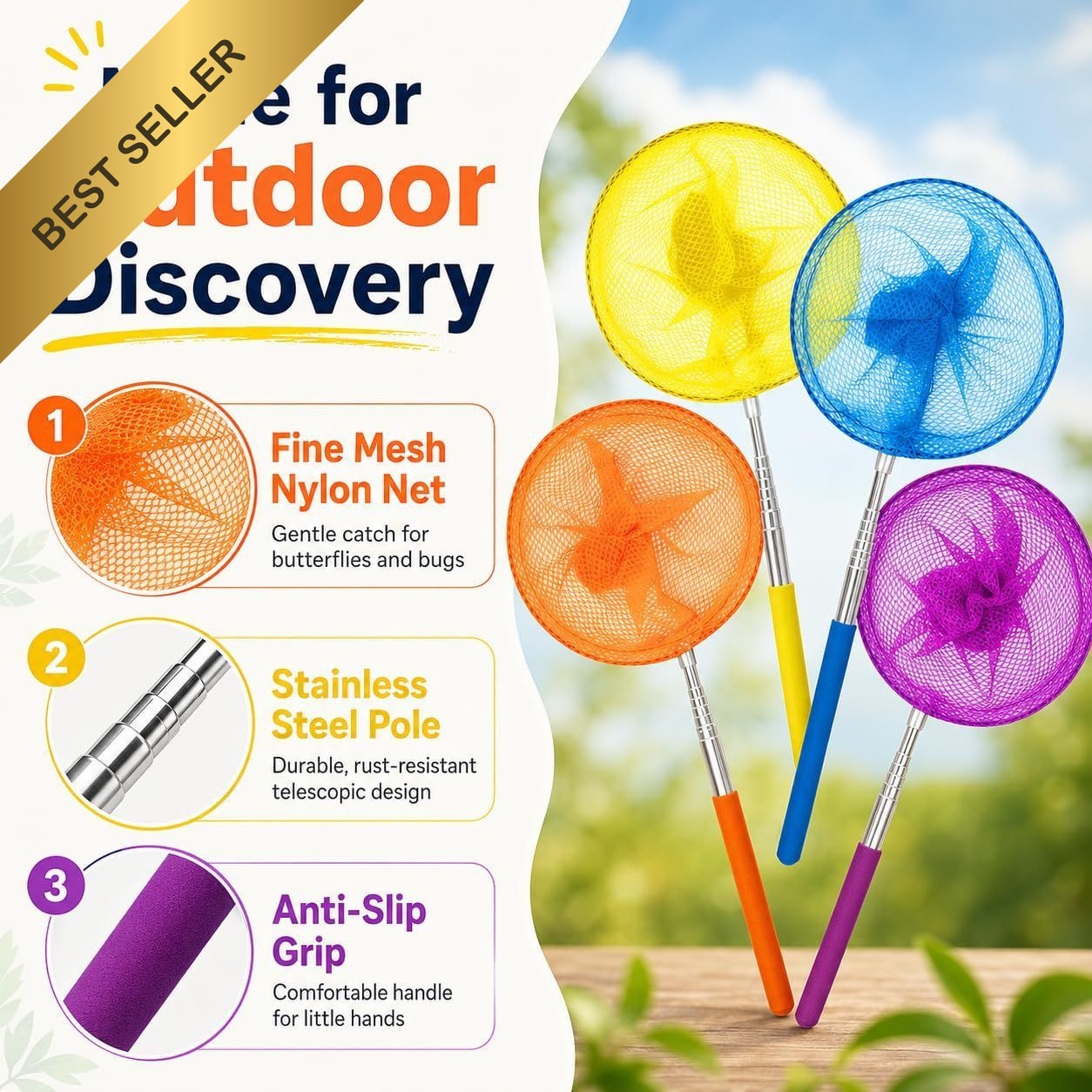 4Pcs Kids Telescopic Butterfly Fishing Net Extendable 34″ Insect Bug Catcher Toy