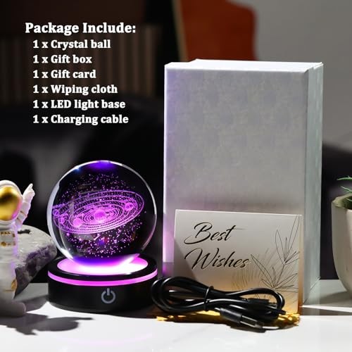 3D Crystal Ball 80mm with Light Base, Laser Engraved Glass Planet Solar System