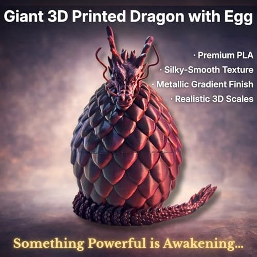 24» Big 3D Printed Dragon Egg Toy with Articulated Dragon Inside, Flame Black