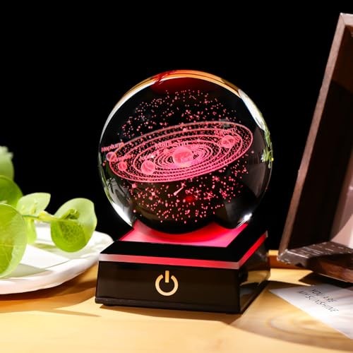 Arikyrist 3D Crystal Ball 80mm with Light Base, Laser Engraved Solar System
