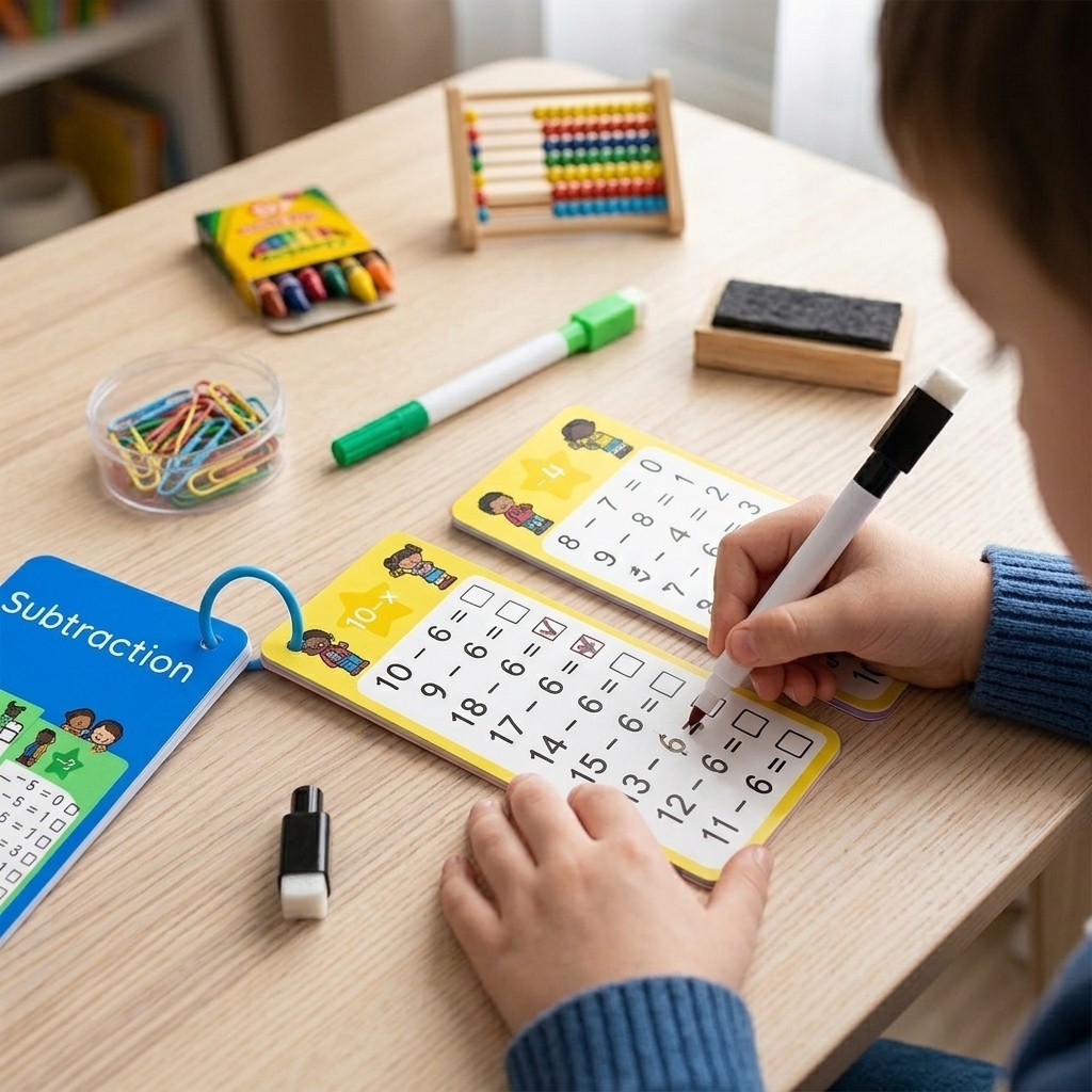 15Pcs Subtraction Math Flash Cards with 2 Pens & Ring for Kids Learning