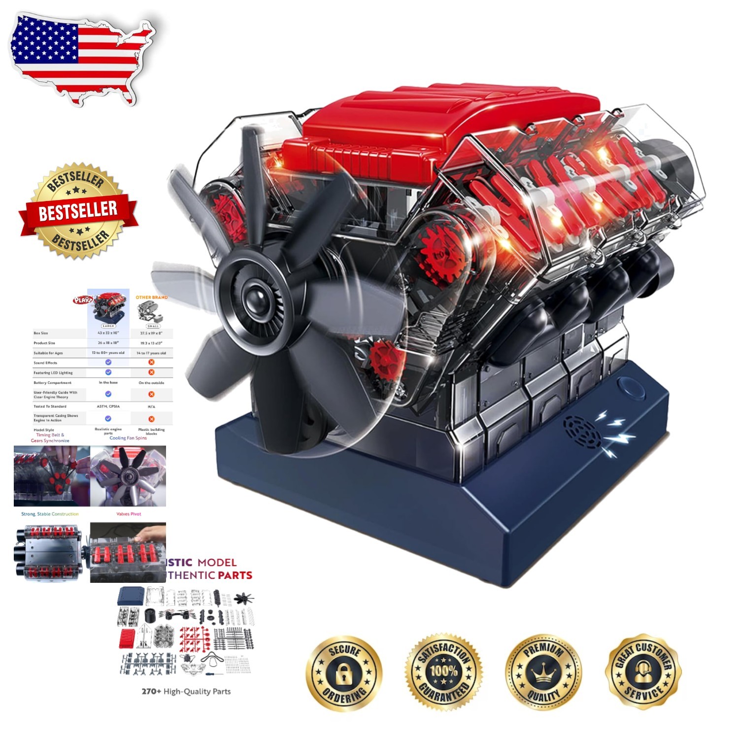 Working V8 Engine Model – Realistic Miniature Car Engine Kit with 270 STEM Parts
