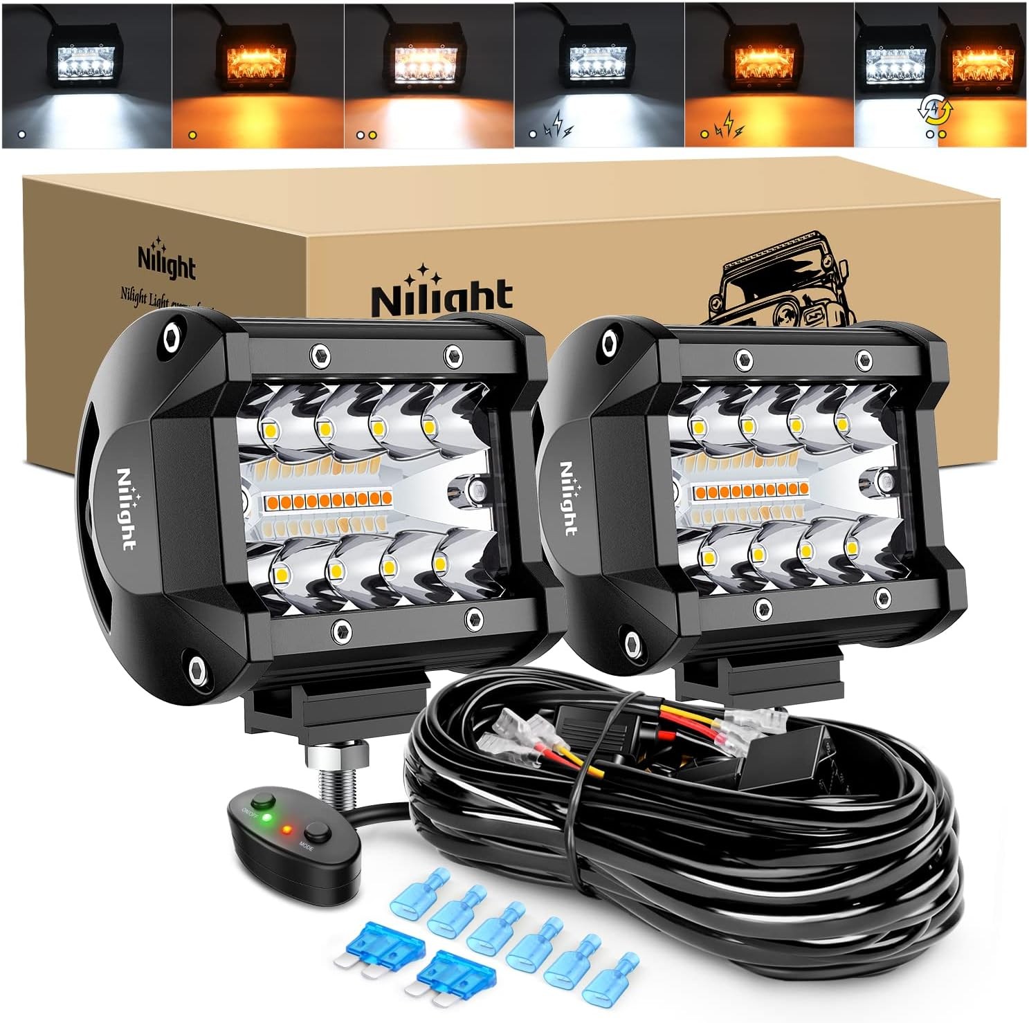 60W 4-Inch LED Light Pods with 6 Modes – Spot Flood Amber White Lights