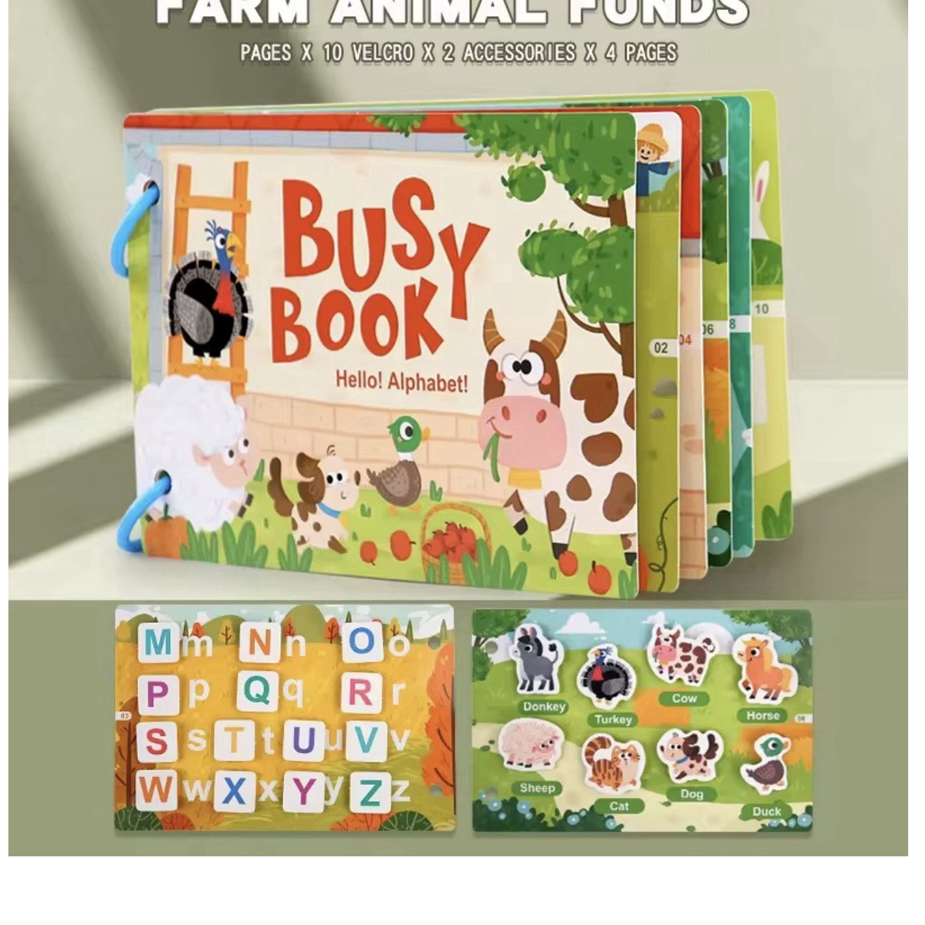 Montessori Farm Animals Busy Book Toddler Sensory Quiet Learning Toy Alphabet