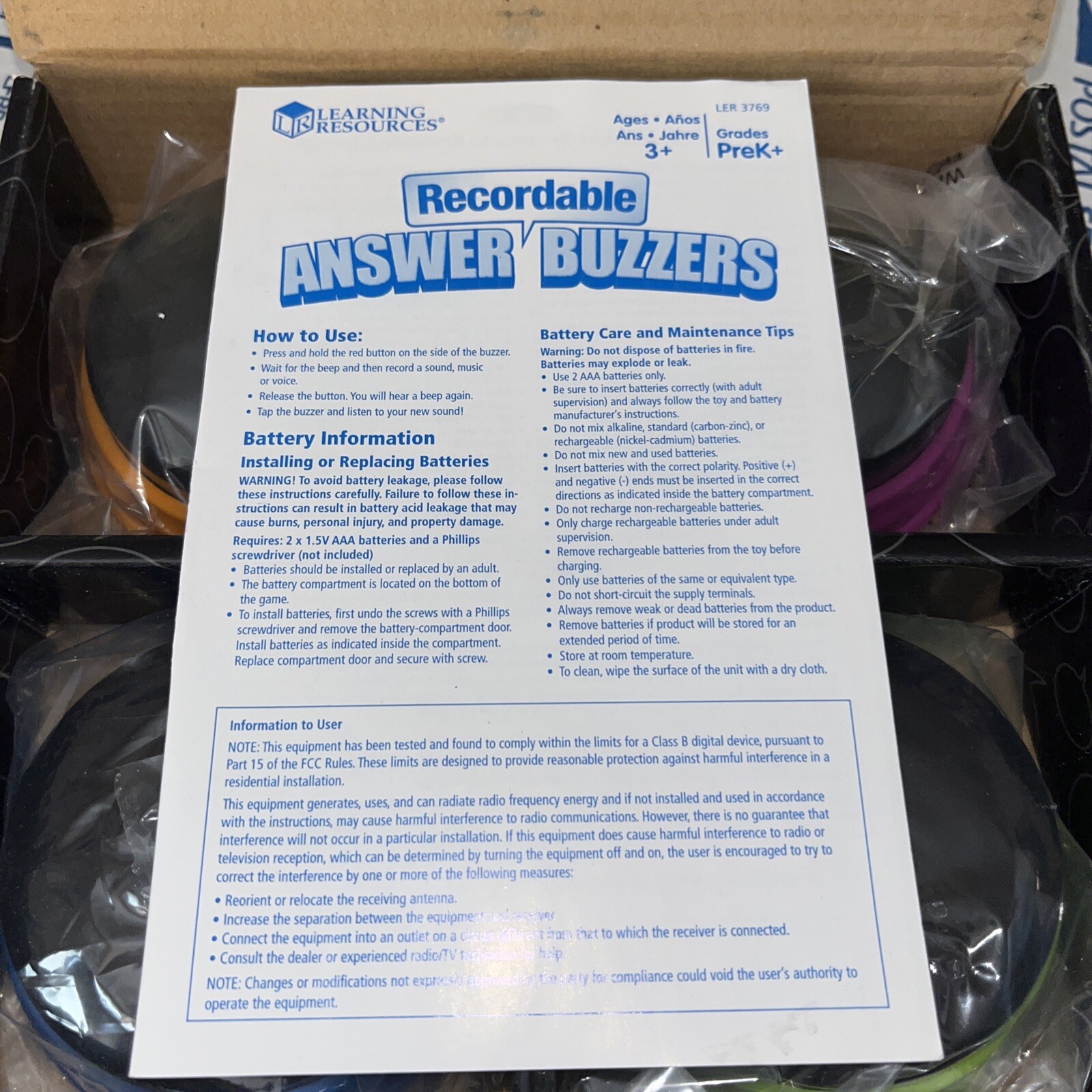 Learning Resources Recordable Answer Buzzers – Set of 4
