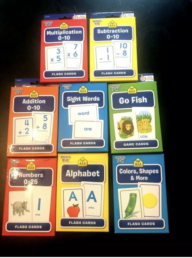 8 FLASH CARDS SET – 34 CARDS EACH (272 TOTAL) SCHOOL SuPPLIES MATH ABC