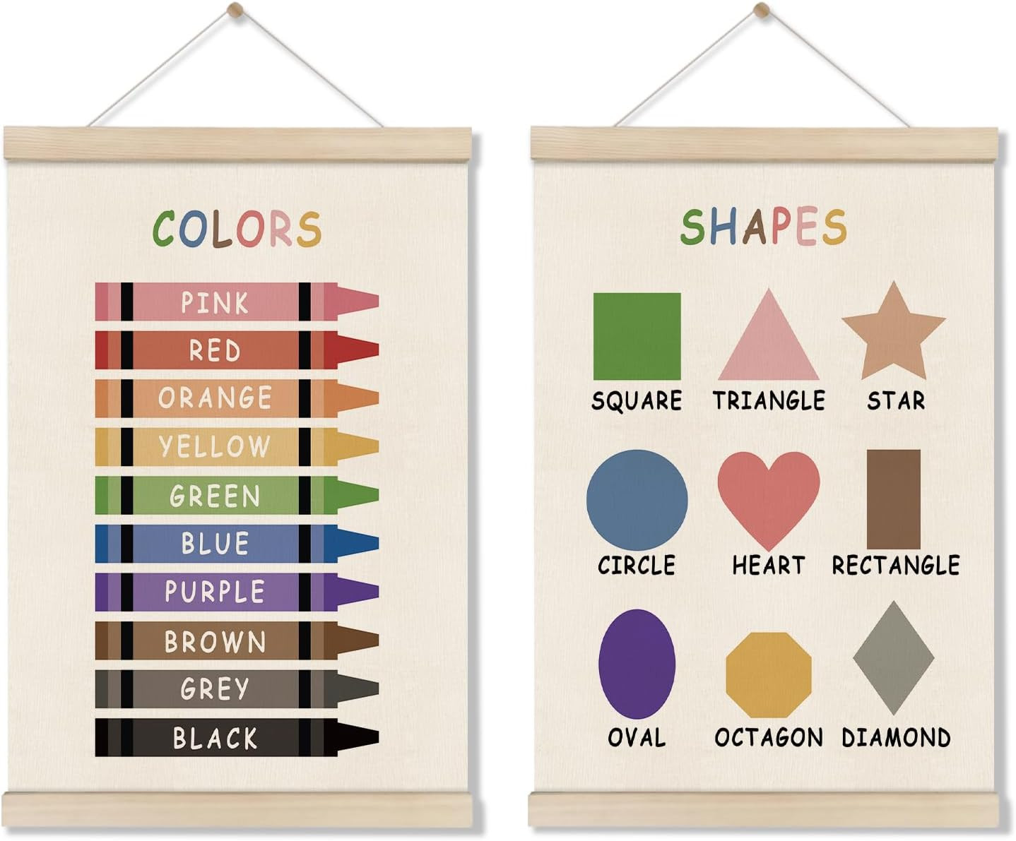 Colors Shapes Posters Hanger Frame, Educational Posters for Toddler Kids, Set of