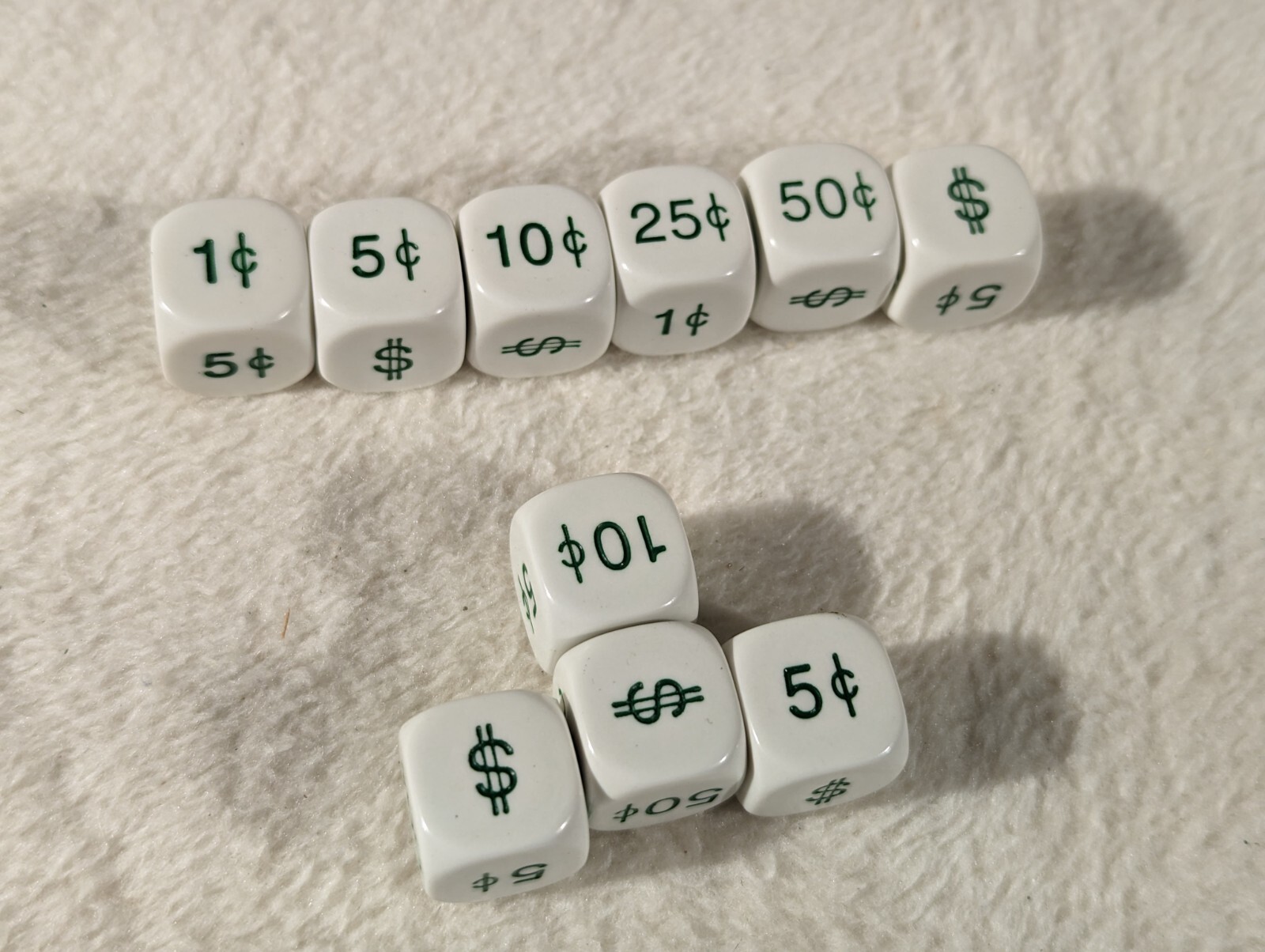 Lot of 11 Educational Money Dollar & Cents Dice White Green $ 50c 25c 10c 5c 1c