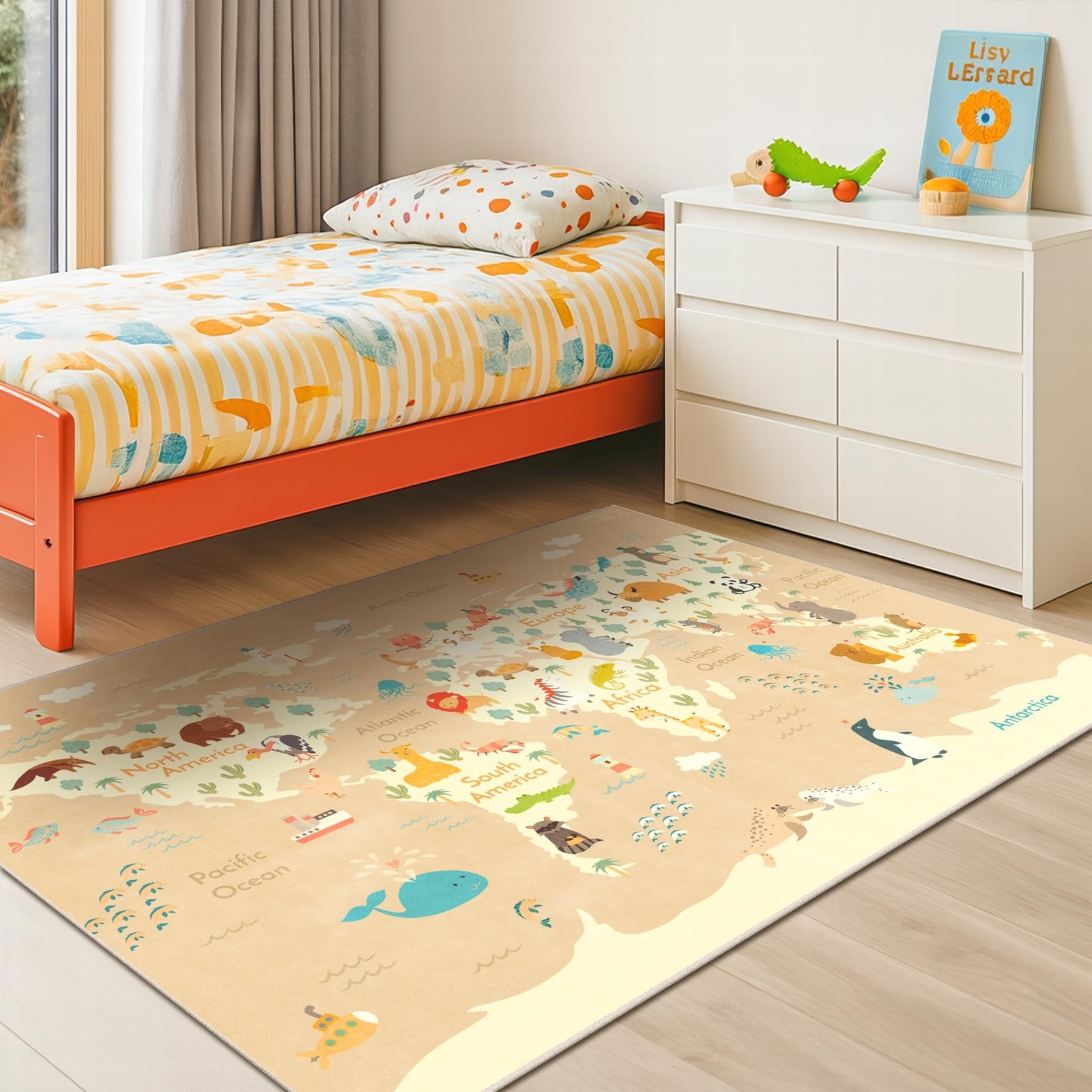 Kids Bedroom Rug with World Map & Animals – 4×6 Educational Washable Play