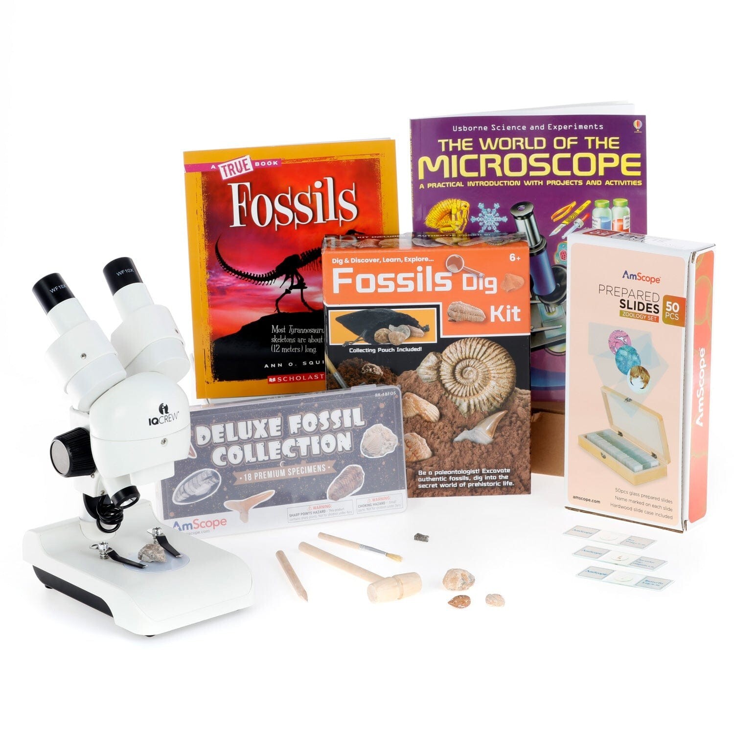 Fossil Adventurer Kit–30X Stereo Microscope, 18pc Fossils+Dig Kit, Books + More