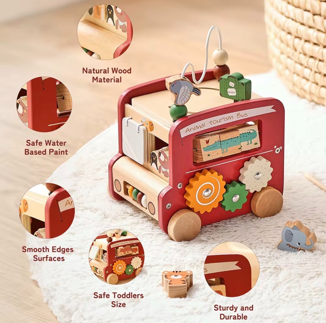 Montessori Wooden Activity Cube for Toddlers 3+ | Red Wood | 5-in-1 Toy