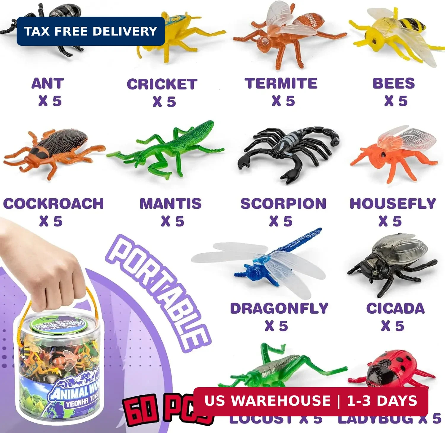 60 Piece Mini Insect Toys with Gift Box, Plastic Bug Figure for Kids, Fake Bug