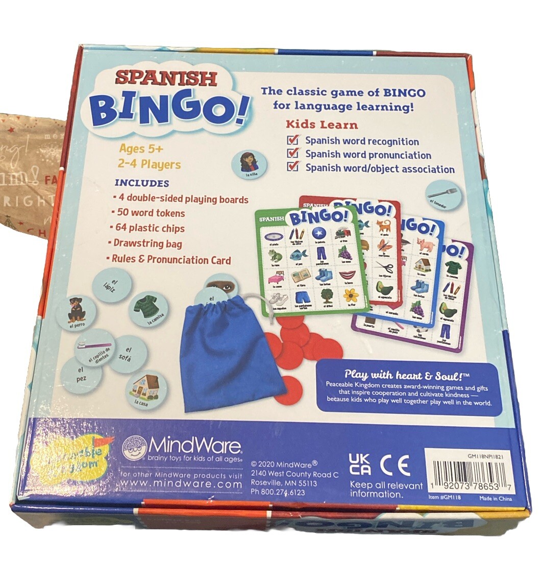 MindWare Spanish Bingo Kids learn basic Spanish words & pronunciation Age 5+ New