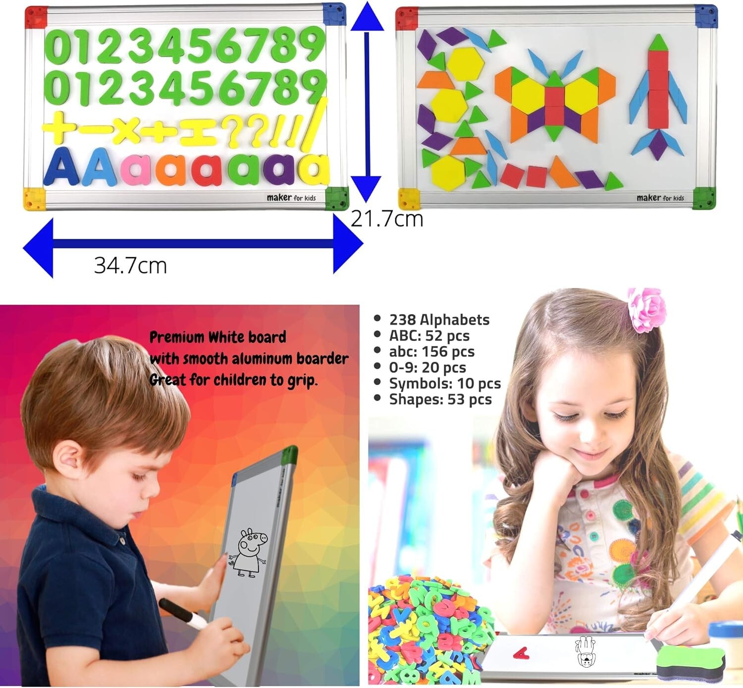 MAKER FOR KIDS 291Pcs ABC Magnets Board Magnetic Letters Numbers and Shapes