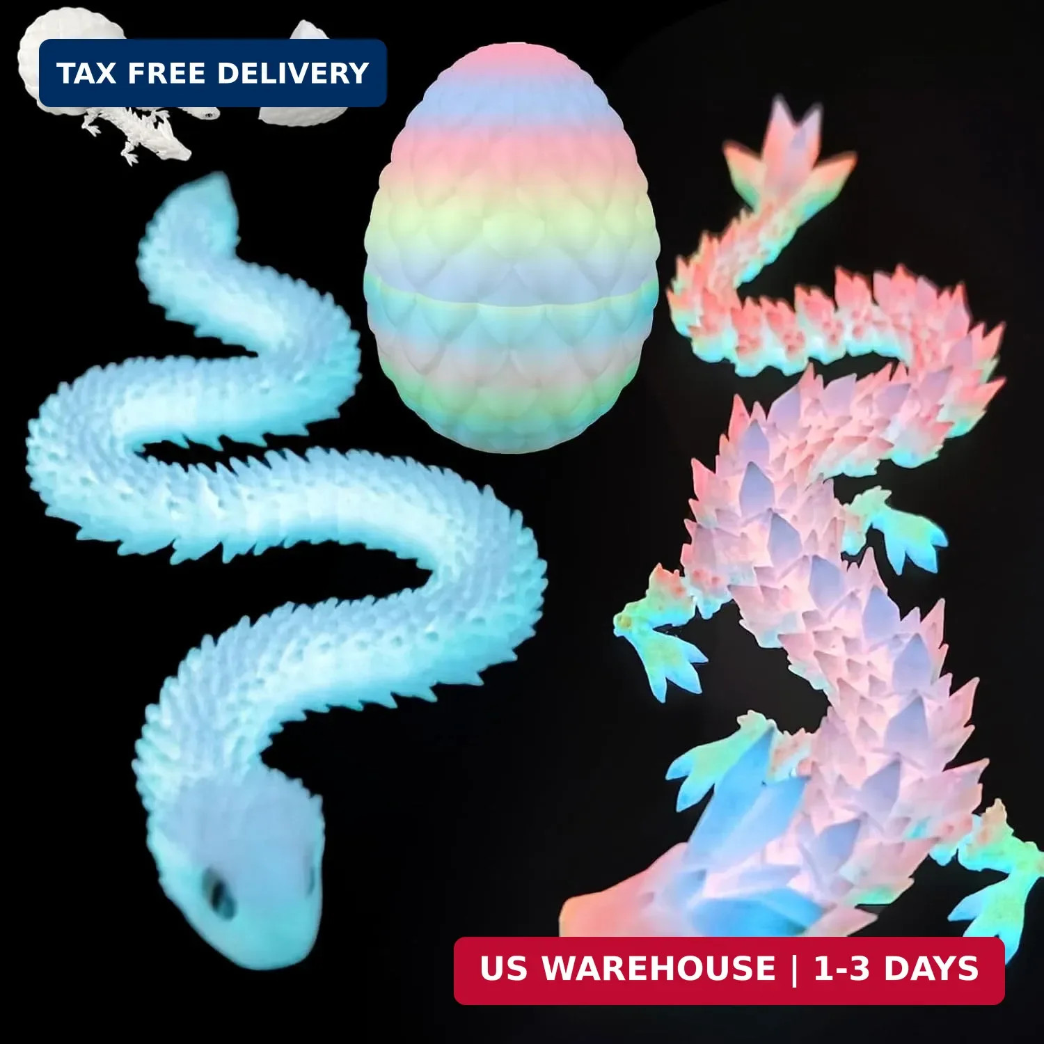 3D Printed Dragon Snake Eggs, Flexible 3D Printed Animal Toys UV Glow in the Dar