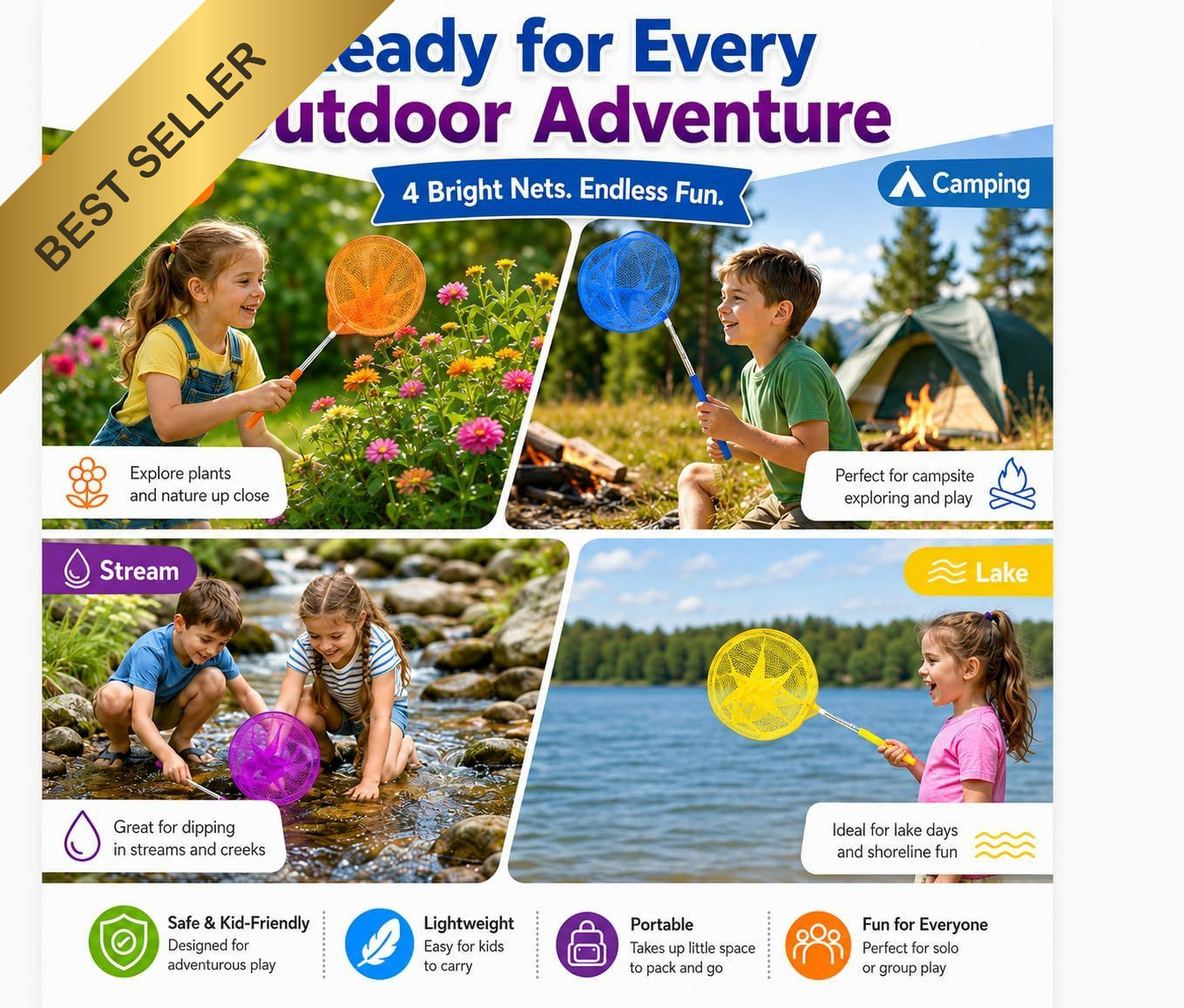 4Pcs Kids Telescopic Butterfly Fishing Net Extendable 34″ Insect Bug Catcher Toy