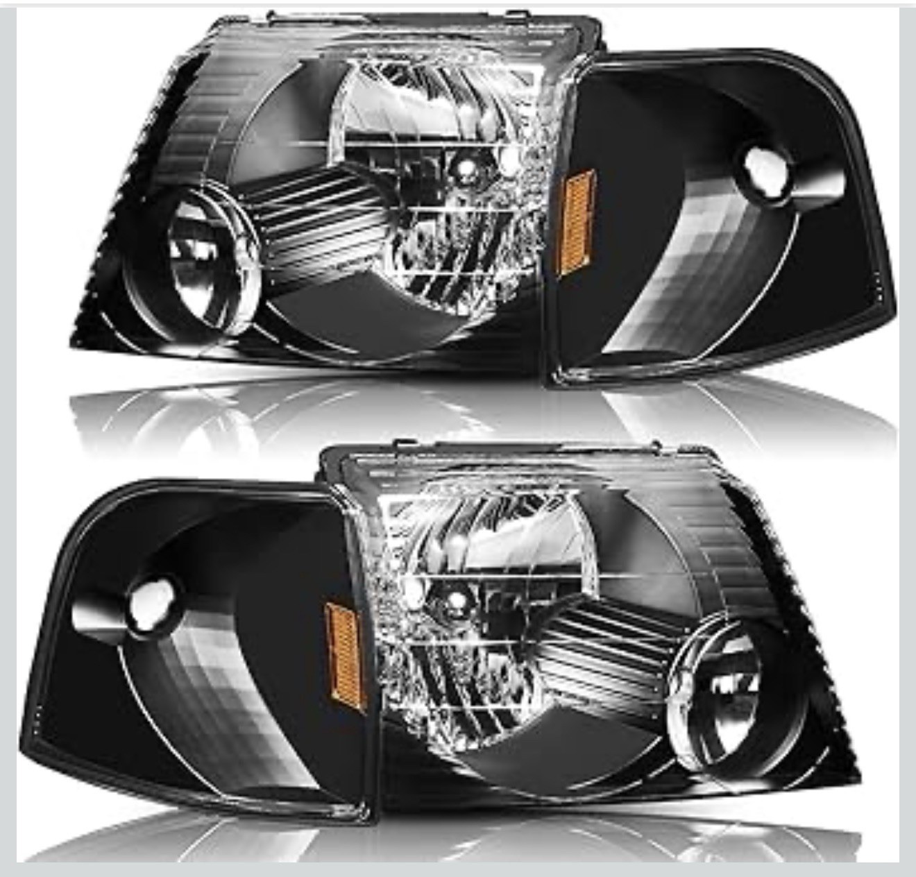 02-05 Ford Explorer Headlight Assembly Black Housing Amber Reflector Pair